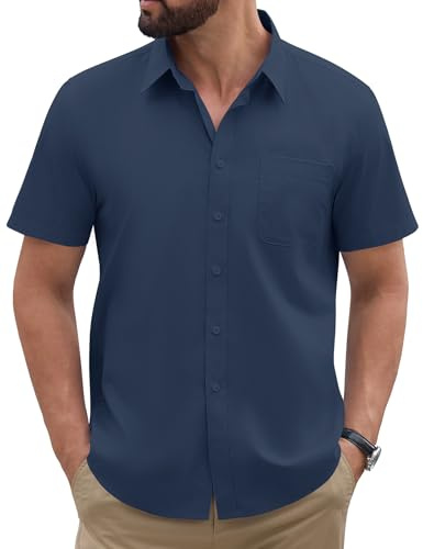 heekpek Mens Shirts Short Sleeve Summer Oxford Shirt for Men Smart Casual T Shirts Button Down Collar, Navy Blue, L