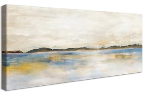 Groß Leinwand Bilder Mit Rahmen Aquarell Gelb Blau Grau Pastell Leinwandbilder Abstrakter Berg Landschaft Bilder auf Leinwand Malerei Wandposter Wandbilder Wohnzimmer Schlafzimmer Wanddekor 50x120cm