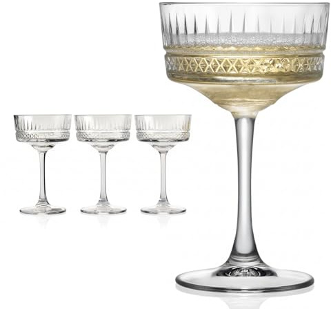 Oceano Set di 4 Calici Champagne e Cocktail in Cristallo Intagliato Coppe Retrò in Stile Vintage da 250ml Ideali per Bollicine, Martini e Dessert Design Elegante per Cerimonie e Feste
