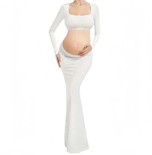 Yuetide Robe de Maternité à Manches Longues Robe de Grossesse Photographie Robe Enceinte Shooting Col Carré