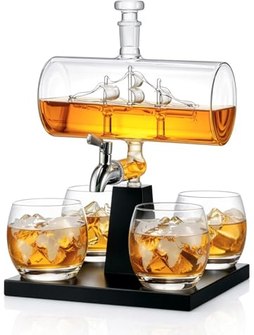 5 Piece Whiskey Decanter Set, Ship in Bottle Liquor Decanter with 4 Globe Glasses & Serving Tray, Bar Set for Scotch, Bourbon, Vodka & Gifts for Men
