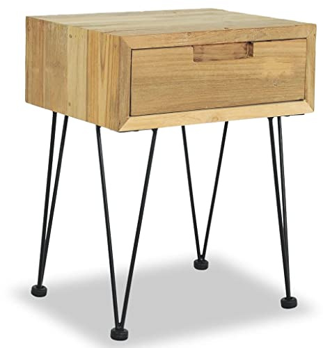 Mangloder Table de Chevet en Teck Massif recyclé 40x30x50 cm avec tiroir, Pieds en Fer forgé, Meuble d'appoint pour Chambre, Salon, Bureau, Rangement Pratique, Support Lampe, Niche de Rangement
