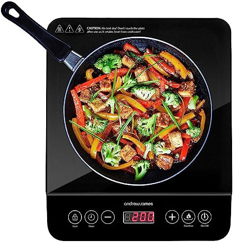 Andrew James Single Induction Cooker 2000W, Portable Electric Hob with Hot Plate | Electric Induction Cooker with Touch Controls & 10 Heat Settings, Portable Stove for cooking on the go (Single Black)