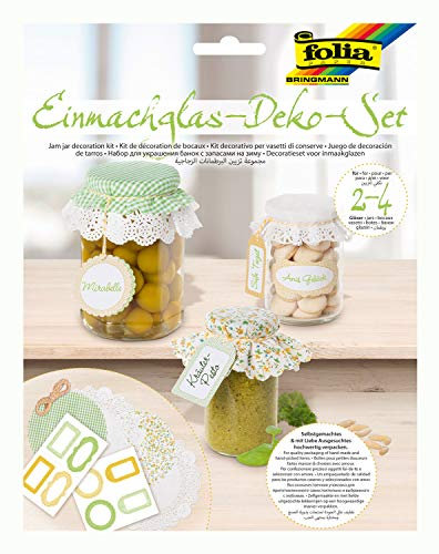 folia 30305 - Einmachglas Dekorationsset, 13 teiliges Set zum Verzieren von Einmachgläsern mit Etiketten, Deckchen und Anhängern in den Farben grün/gelb, zum anschließenden Verschenken