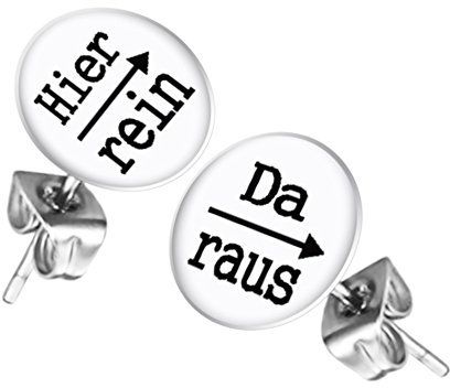 Mianova Ohrstecker Studs Buttons Silber Platte mit Spruch Hier rein, Da raus - 12mm in Weiß