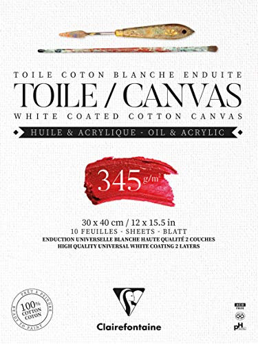 Clairefontaine 975223C - Un bloc encollé de 10 toiles prêtes à peindre 30x40 cm 345g, Blanc Fleur de Lys