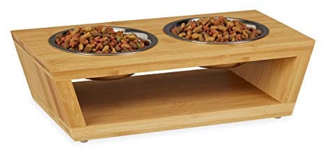 Relaxdays gamelle pour Animaux, Bol à Nourriture en Bambou, Acier Inoxydable, adapté pour Lave-Vaisselle, Nature-argenté