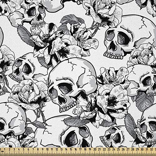 ABAKUHAUS Feier Satin Stoff als Meterware, Skizzieren Sie Totenkopf, Zum Nähen Toller Stoff für Heimtextilien Aller Art, 3M (148x300cm), Weiß und Schwarz