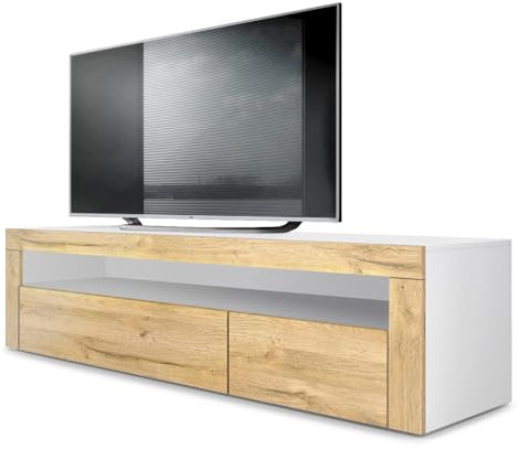 Vladon Lowboard Valencia, Made in Germany, TV-Kommode mit 1 offenem Fach und 2 Klappen, Weiß matt/Eiche Natur/Eiche Natur (155 x 46 x 40 cm)