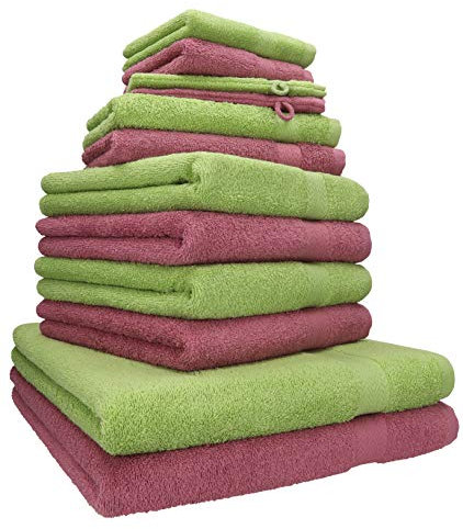 Betz 12-TLG. Handtuch Set Premium 100% Baumwolle 2 Duschtücher 4 Handtücher 2 Gästetücher 2 Seiftücher 2 Waschhandschuhe Beere/avocadogrün