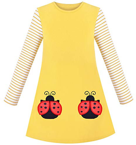 Sunny Fashion Girls Dress Cotton Casual Long Sleeve Lady Bug Embroidered T-Shirt Dress Jersey Dress Age 8 Years Yellow