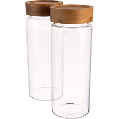 Dosenritter | 2X Vorratsglas/Glasbehälter aus Borosilikatglas mit luftdichtem Schraubverschluss, Gewürzgläser Set mit Holzdeckel aus Akazie | 21.2 x 8cm (H,ø) - (2 x 700 ML (groß))
