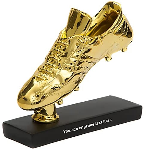 DXIUMZHP Pokale Fußballtrophäe, Golden Boot Award 3D-Statue, Harzvergoldete Trophäe, Fanzubehör, Souvenirs, Kostenloser Gravurtext (Color : Gold, Size : 20x7x17cm)