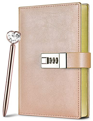 Tagebuch mit Schloss für Damen, B6 Leder-Tagebuch mit Stift, vergoldete Kanten, Notizbuch, Kombination, verschlossenes Tagebuch, Planer, Terminplaner, Terminplaner (Champagner,19.5X13.3CM)