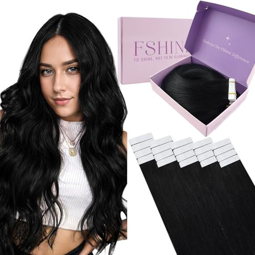 Fshine Tape in Extensions Echthaar Tiefschwarz Echthaar Extensions Tape Schwarz 45cm 20 Stücke 50g Klebeband in Haarverlängerungen Farbe 1