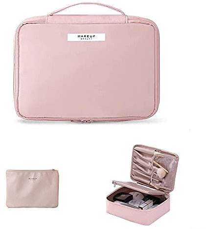 Maquillage Sacs, Trousse de Toilette de Voyage, Trousse de Maquillage Etanche, avec Poignée et Compartiment, Double Étanche, Éponge Épaissie, pour Pinceaux de Maquillage, Cosmétiques (Rose)