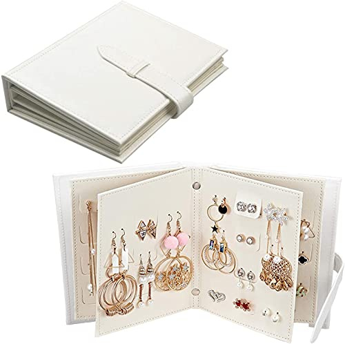 Yiluana Portagioie portatile in pelle PU, porta orecchini da viaggio con design a libro pieghevole (bianco)