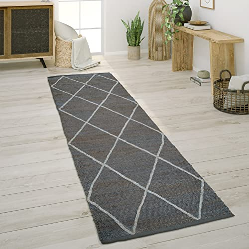 Paco Home Teppich Wohnzimmer Jute Naturfaser Handgearbeitet Modernes Skandi 3D Muster, Grösse:80x250 cm, Farbe:Anthrazit
