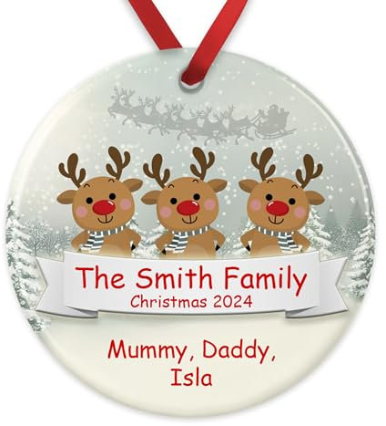 Personalised Family Christmas Ornament with Gift Box, Reindeer Design, Custom Christmas Bauble, 2024 Christmas Tree Decoration Gift, Family Gift, Festive Xmas Present, Family Bauble