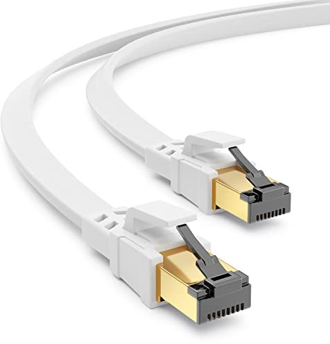 deleyCON 15m Câble LAN Plat CAT8.1 - Réseau 40 Gbits 2000MHz - Ethernet RJ45 DSL CAT.8 - Cuivre - Blanc