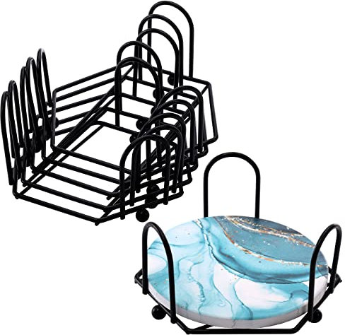 Kingrol Lot de 6 supports de dessous de verre en métal pour dessous de verre ronds et carrés de 10,2 cm, peut contenir 4 à 6 sous-verres, noir