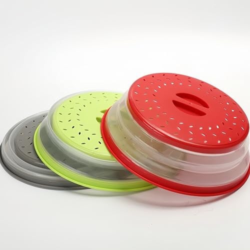 Pack of 3, Collapsible Microwave Food Cover BPA Free TPR, 10.5inch, Round with Grip Handle (Red+Grey+Random Color)