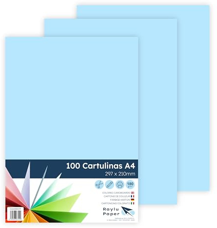 RAYLU PAPER – Tonpapier A4, 100 Stück Kartonpapier 180g/m², 210 x 297 mm, professionelle farbige Kartons für Büro, Kopierpapier, Buntes Papier zum Basteln (Himmelblau)