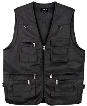 LIZZIE JACOBS New Men's Cotton Rich Waistcoat Jacket Multi Pocket Vest Outdoor Fishing Camping Activewear Sleeveless Traveling Photography Hiking Hunting Tactical Outerwear Gilet (Medium, Black)