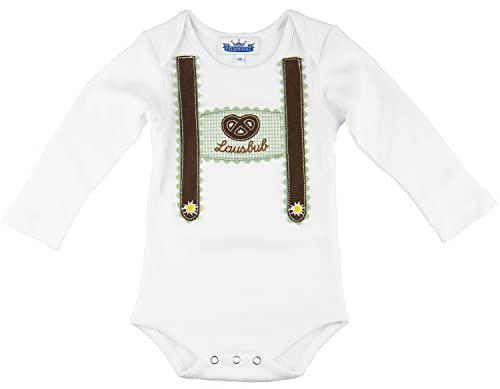 P.Eisenherz Langarmbody Babybody mit Hosenträgern und Stickerei Lausbub grün