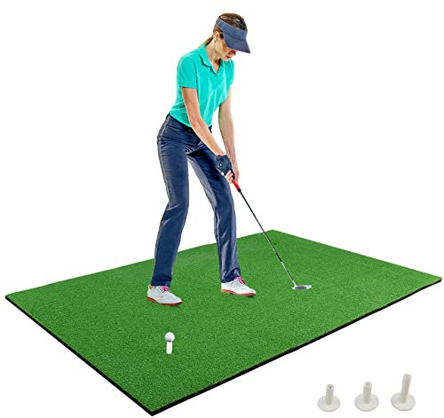 GYMAX 5FT x 3 FT Golf Hitting Mat, Artificial Turf Grass Mat with 3 Rubber Golf Tees, Indoor & Outdoor Portable Golf Stance Mat for Hitting, Driving & Chipping Practice
