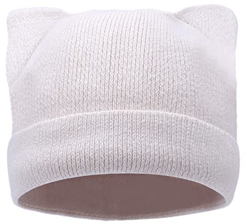 LUCKYBUNNY Mütze mit Katzenohren für Damen und Mädchen, Herbst und Winter, Strickmanschette, Hip-Hop-Beanie, Mütze, Häkel-Skimütze, Weiß - ohne M, Einheitsgröße