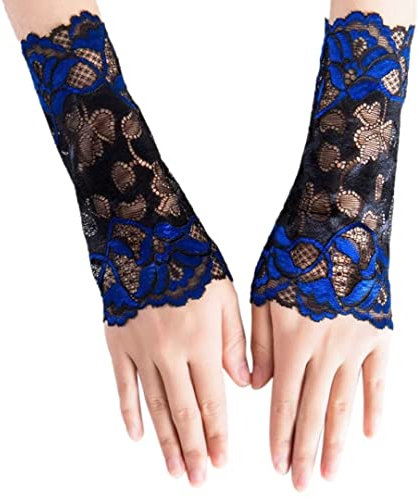 CENAST Fingerless Gloves Women Lace Wrist Cuffs Fake Sleeves Costume Accessory For Wedding Halloween Party, #1 Royal Blue, One Size
