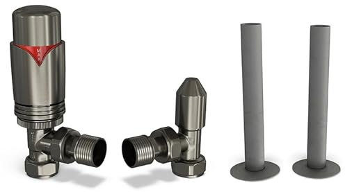 UK Radiators Pewter Thermostatic Radiator Valves and Angled Lockshield Valve - Matt Pewter Finish - Classy and Modern Design 1/2 x 15mm Angled Radiator Valves with 130mm Pipe Covers