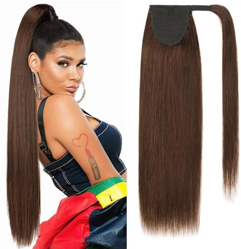 Benehair Ponytail Extension Echthaar, Zopf Extensions Echthaar, Wrap Around Echthaars Ponytail für Frauen, Dunkel Braun Pferdeschwanz Echtes Haar Haarverlängerung 55 CM 95g #2