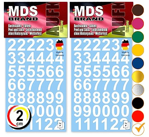 MDS Brand 2cm Zahlen Aufkleber Weiss 0-9, Schriftgröße ca. 20 mm, selbstklebend, wetterfest, klein, Nummer Ziffer Klebezahlen Sticker Hausnummern aus Folie zum Aufkleben Peel (Weiss)