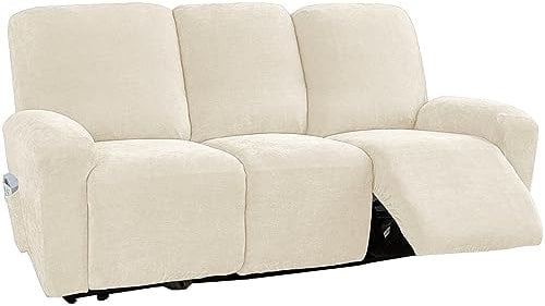NOPEXTO Stretch Relaxsofa Bezüge Chenille Liegestuhlbezug 1/2/3 Sitzer Relaxsofa Schonbezüge Mit Seitentasche, Möbelschutz Für Wohnzimmer (3-Sitzer,Beige)