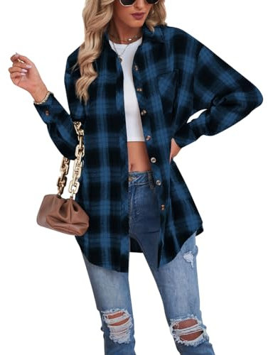 Buliezy Camicia Donna Blusa Quadri Camicia Flanella Manica Lunga Elegante Camicetta Classico Shirt Cotone Giacca Scozzese,Blu,M