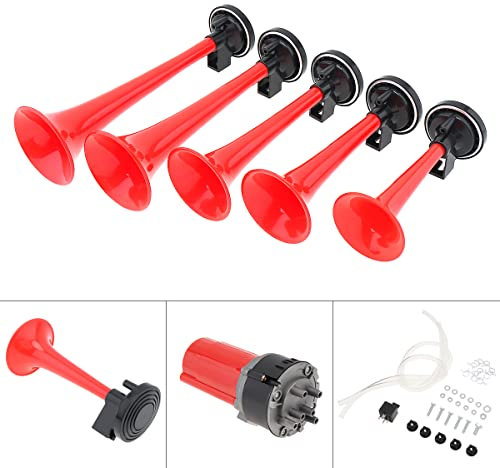 Luftbetriebene Hupe, 125 dB, 12 V, 5 Silber/Schwarz/Rot, Dixie, Auto-Trompete, Lufthupen, DIXIE, Musikalische Lufthupe, Dukes of Hazzard, General Lee für Auto, LKW, Boot (Farbe: rote Trompete)