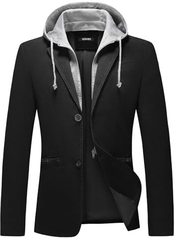 KUDORO Herren Sakko Anzugjacke Slim Fit Freizeit Baumwolle Sportlich Kapuzen Blazer Herren 2 Knöpfe(Schwarz,L)
