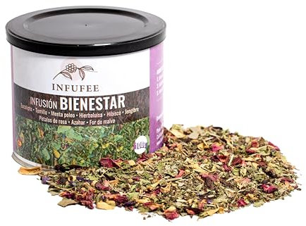 Infusión Bienestar Sin Teína 100g - Eucalipto, Tomillo, Menta Poleo, Hierbaluisa, Hibisco y Jengibre - Alivio de Congestión y Tos - Digestiva, Relajante y Antiinflamatoria
