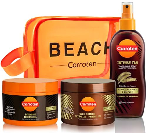 Carroten 3er Sonnenpflege Set - Bräunungsset aus Intensive Tanning Gel 150 ml, Gold Tanning Gel 150 ml und Intensive Tann Oil 150ml - für Schnelle Bräunung, inkl. Praktischer Kosmetiktasche