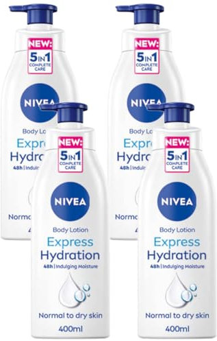 NIVEA Express Hydration Body Lotion (400ml), Fast Absorbing NIVEA Moisturiser for Dry Skin Made with Deep Moisture Serum and Sea Minerals, Smooth Skin NIVEA Body Lotion (Pack of 4)