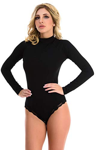 Magi Langarm Damen Body Bodysuit mit Halbkragen Basic Body mit langen Ärmeln (L, Schwarz)