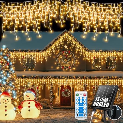 GCMacau Eisregen Lichterkette Solar [15m +5m], 506LEDs Weihnachtsbeleuchtung Außen,8 Modi,Erweiterbar,101 Tropfen, Lichterkette Außen USB-Strom,IP65 Wasserdicht Mit Fernbedienung Timer[Warmweiß]