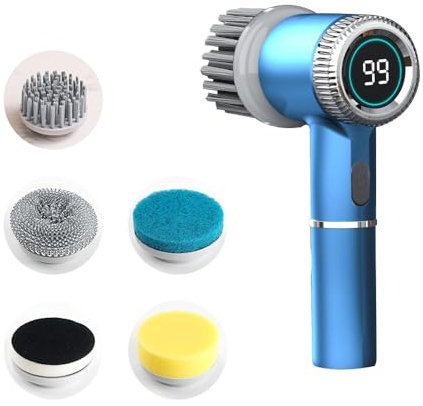 KUWUNG Cepillo de limpieza eléctrico, limpiador de juntas eléctrico con 5 cabezales de cepillo, 3 modos de mano, cepillo para juntas con indicador LED, cepillo de limpieza eléctrico para baño, coche y