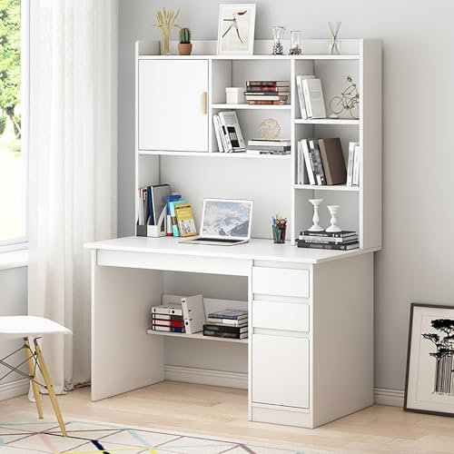 Tavolo Da Scrittura Moderna con Ripiano, Tavolo Da Studio Postazione di Lavoro con Credenza e Libreria, Scrivania per Computer In Legno con Cassetti per Casa/ufficio (100x45x164cm(39x18x64in), White)
