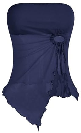 GORGLITTER Mesh Crop Top Tube Top Damen Trägerloses Top Y2k Oberteil mit Wellensaum Schulterfrei Sommer Tops mit Schlitz Dunkelblau S