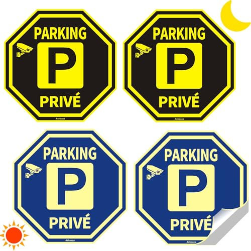 Ashoaza Panneau Parking Privé Autocollant, 4 Adhesif Video Surveillance, Panneau Interdiction de Stationner Propriété Privée autocollant lumineux Octogonal 20 x 20 CM