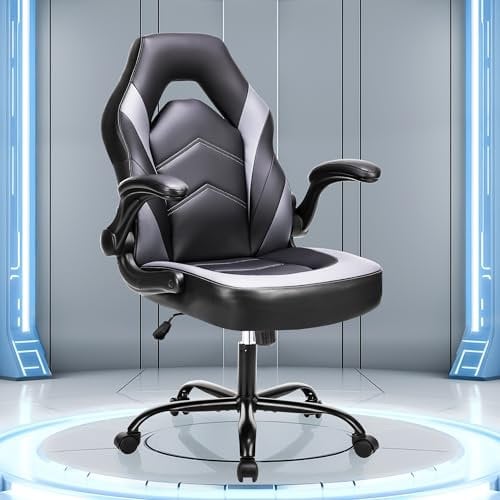 Sweetcrispy Gaming Stuhl,Leder Ergonomischer Bürostuhl,Gamer PC Stühle mit Armlehne,90-120° Einstellbar Gaming Chair,Drehbar Schreibtischstuhl Computerstuhl,Schwarz Grau