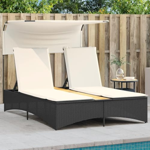 Festnight Doppel Gartenliege mit Sonnendach Doppelliege Outdoor 2 Personen Sonnenliege Rattan Sonnenbett Loungebett Gartenbett mit Auflage Liege Outdoor mit Dach Rattanliege Liegestuhl Garten